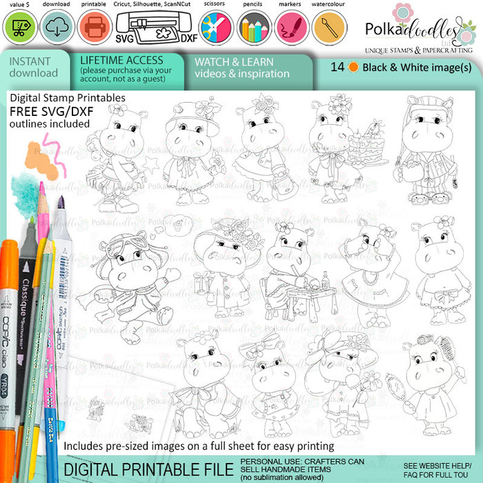 Cute Helga Hippo printable digital stamp bundle - card making crafts scrapbooking stickers with SVG print and cut outlines